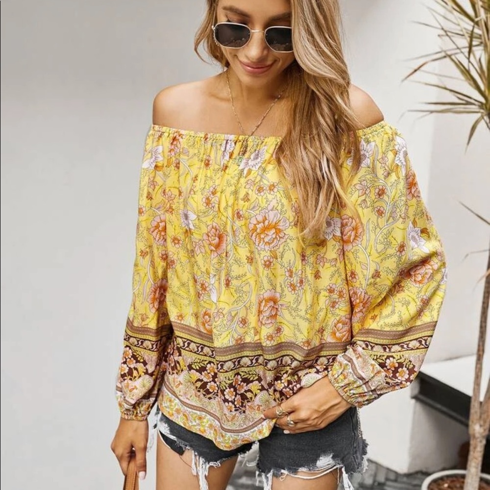 Boho floral print off shoulder blouse- Yellow - Picture 3 of 12
